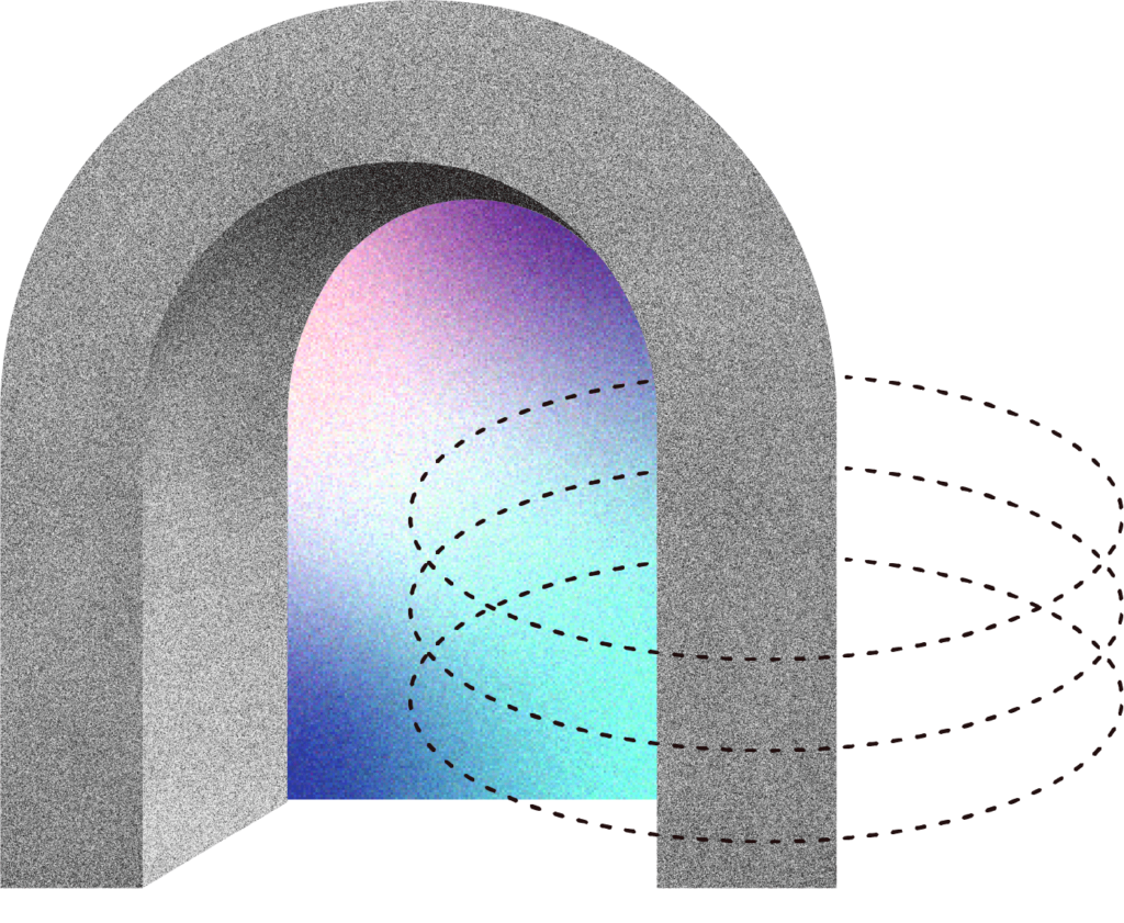 Arched doorway with magical gradient showing through it and three dashed ovals encircling one side of it